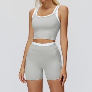 Heather Grey Yoga Set: Built-in Bra Shorts & Sleeveless Tank, Gym Wear